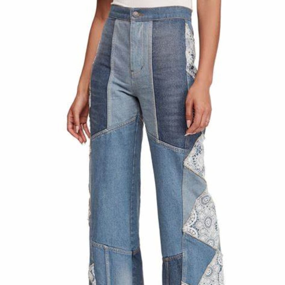 Free People My Element Patcheork Wide Crochet Flare Leg Jeans Size 28